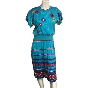 90s Vintage Papell Petites Geometric Turquoise Dress 2